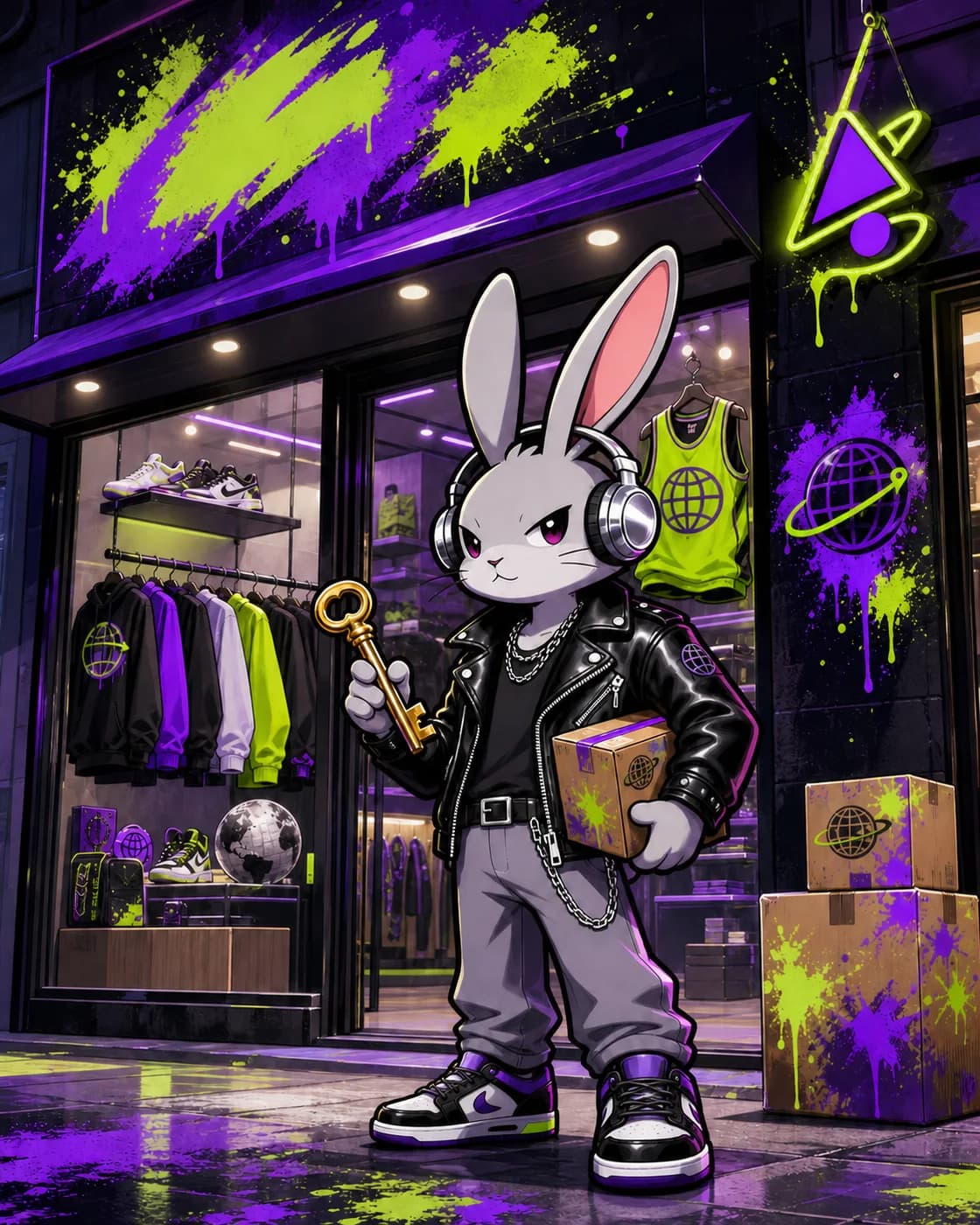 LUCK SHOP 兔子吉祥物站在潮流店铺前